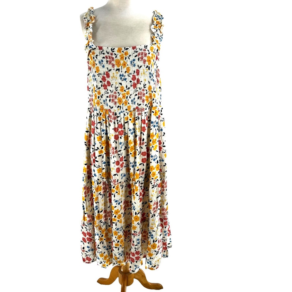 Nevena Rae Smocked Floral Midi Sun Dress Women's 2X Multicolor Flowy Milk Maid